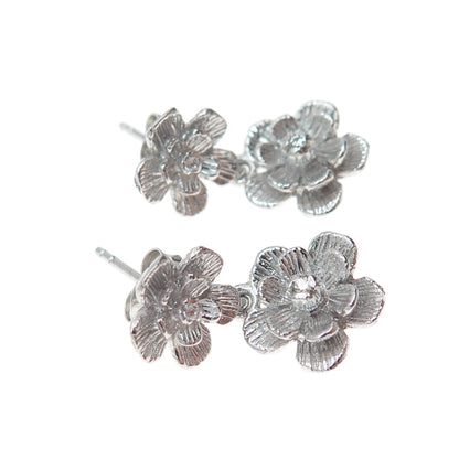925 Sterling Silver Round-Cut C Z Flower Blossom Dangle Earrings