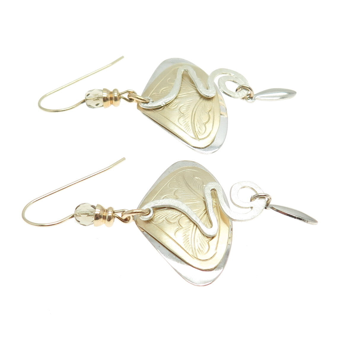 925 Sterling Silver & 14K Gold Filled Vintage Modernist Floral Dangling Earrings
