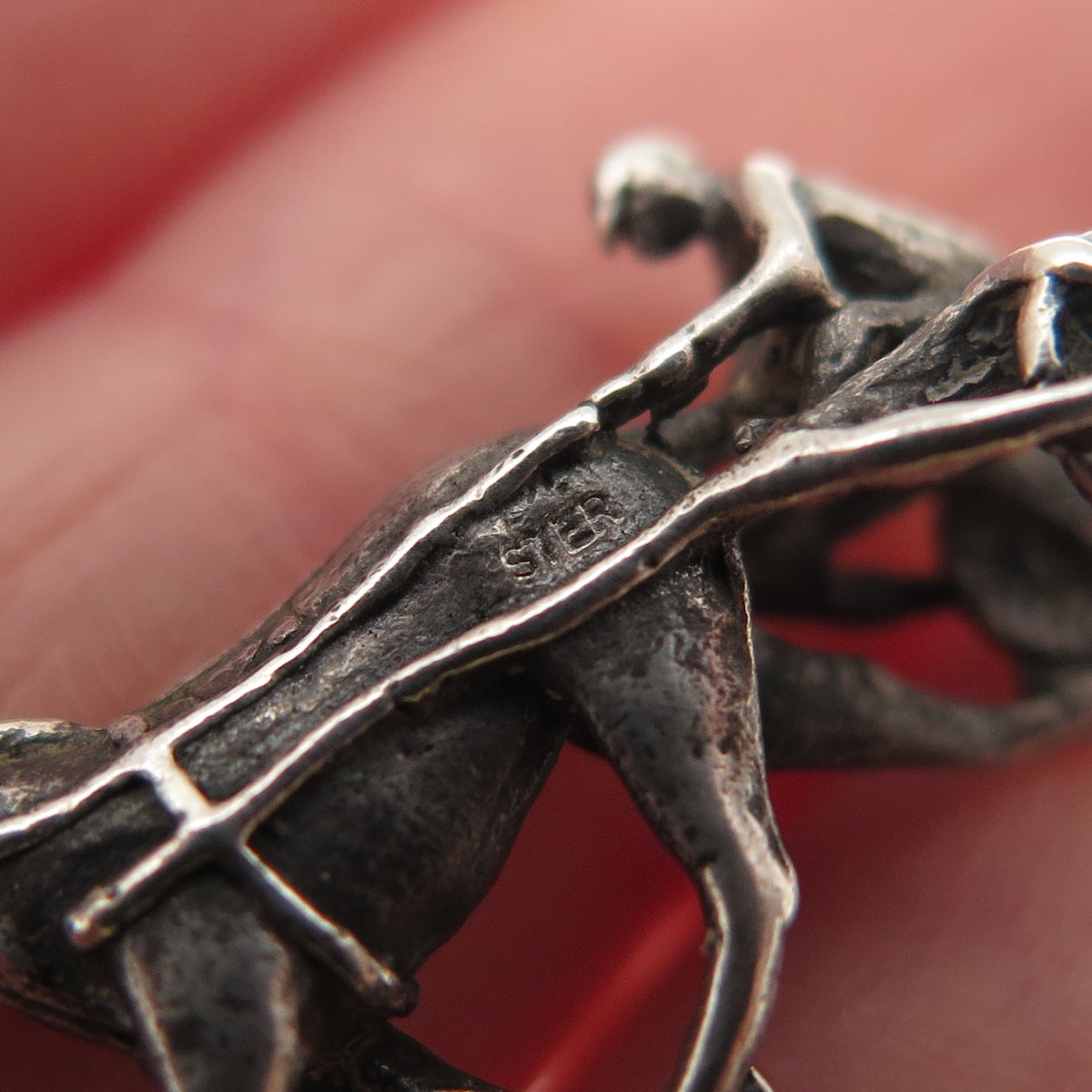 925 Sterling Silver Antique Art Deco Jockey & Racing Horse Oxidized 3D Miniature