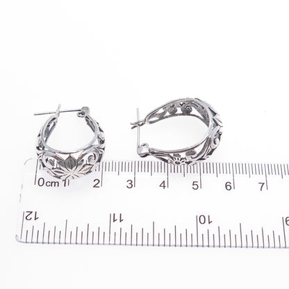 925 Sterling Silver Vintage Flower Oxidized Hoop Earrings