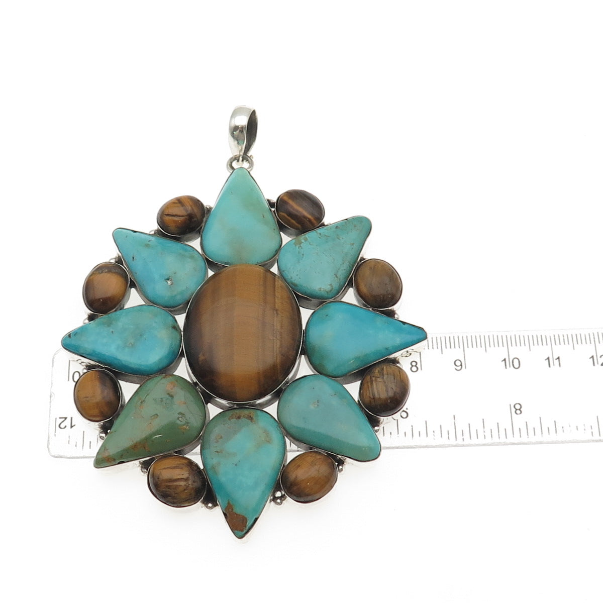 925 Sterling Silver Vintage Real Turquoise & Tiger Eye Statement 78.8g Pendant
