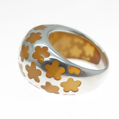 925 Sterling Silver Vintage Enamel Flower Dome Ring Size 7.25