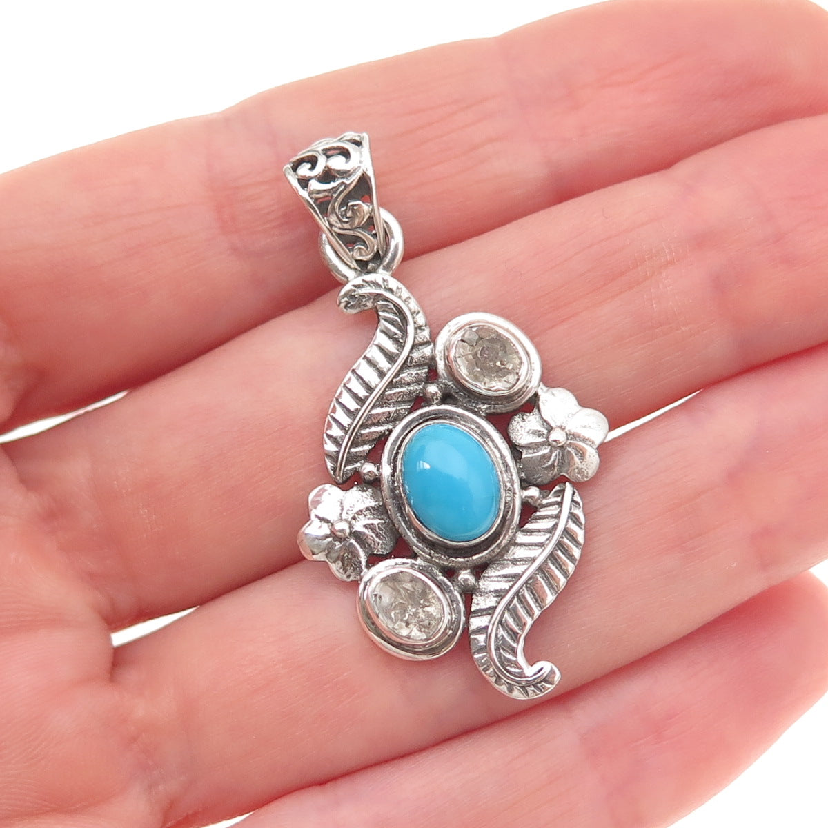 925 Sterling Silver Vintage Real Rose-Cut Diamond & Turquoise Floral Pendant