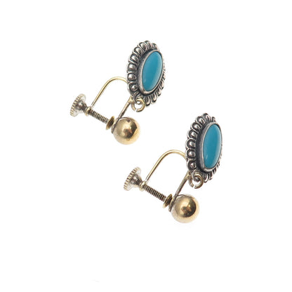 Old Pawn 925 Sterling 2-Tone Vintage Bisbee Turquoise Screw Back Dangle Earrings