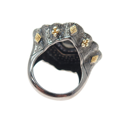 925 Sterling Silver 2-Tone Black Rhodium Vintage Diamond & Jasper Ring Size 5.25