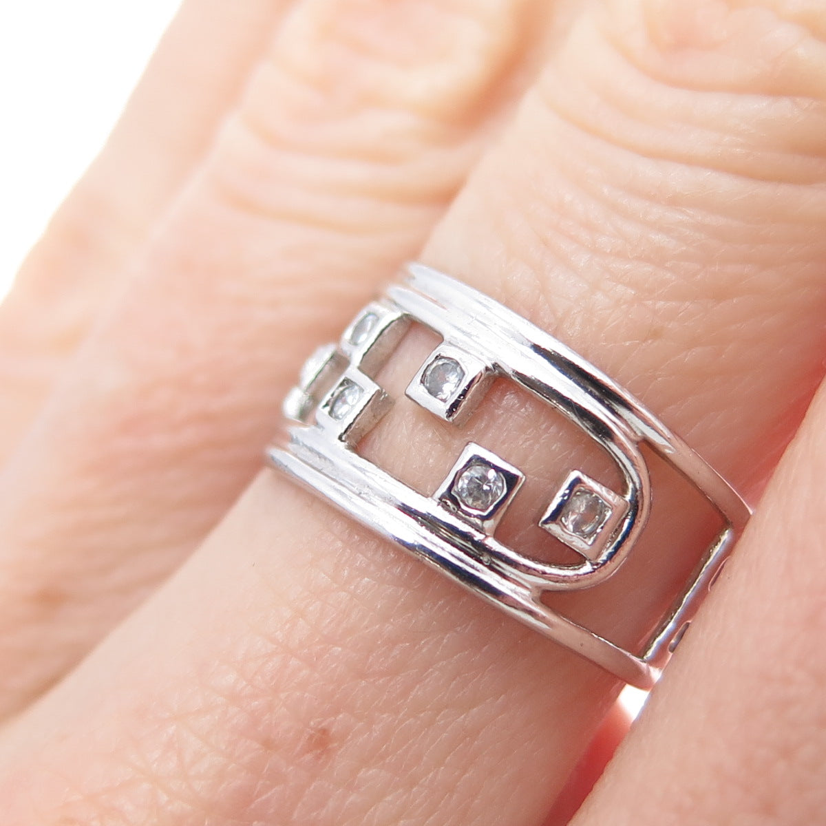 925 Sterling Silver Round-Cut C Z Modernist Checkmate Ring Size 6.5