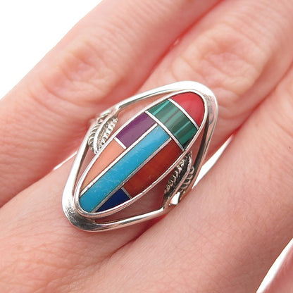 925 Sterling Vintage Real Turquoise Lapis Agate Malachite Sugilite Ring Size 5.5