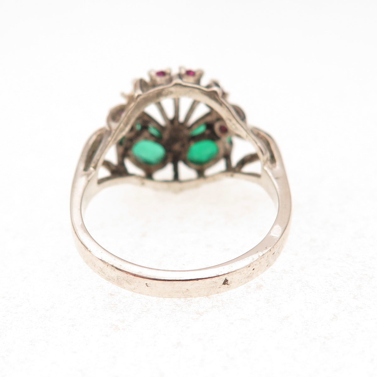 925 Sterling Vintage Green & Pink Rhinestone Ring Size 6.5 (missing 1 stone)