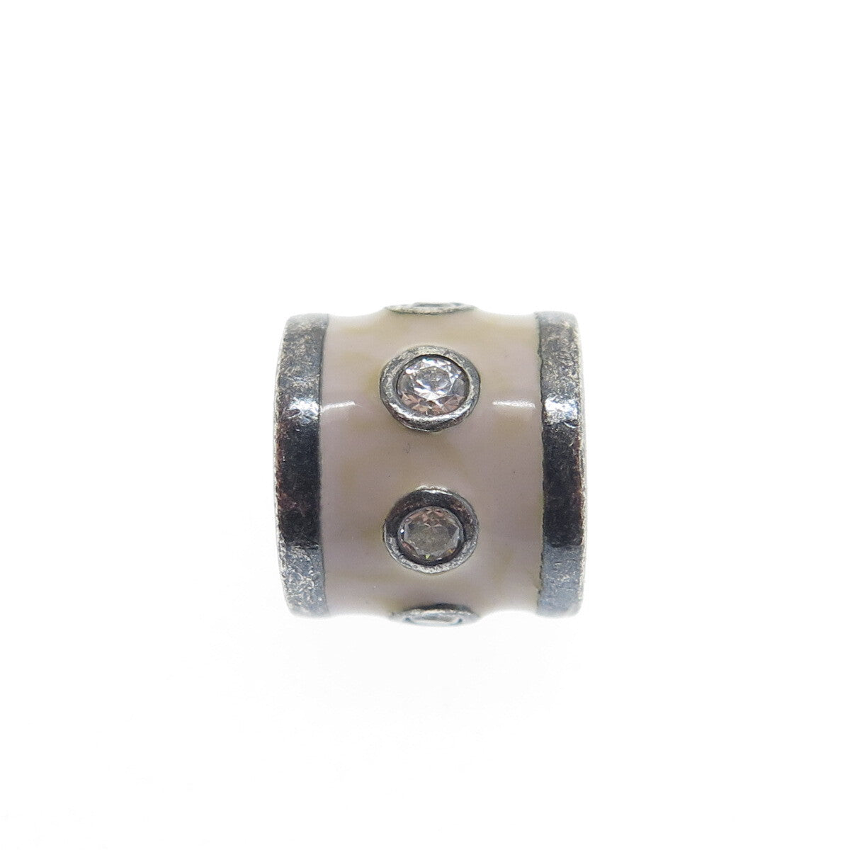 PANDORA 925 Sterling Silver Round-Cut Shaped C Z Cream Enamel Barrel Bead Charm