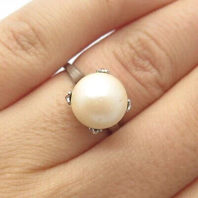 925 Sterling Silver Vintage Faux Pearl Round Ring Size 6