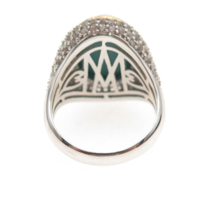 925 Sterling Silver 2-Tone Real Turquoise & White Topaz Ring Size 8.25