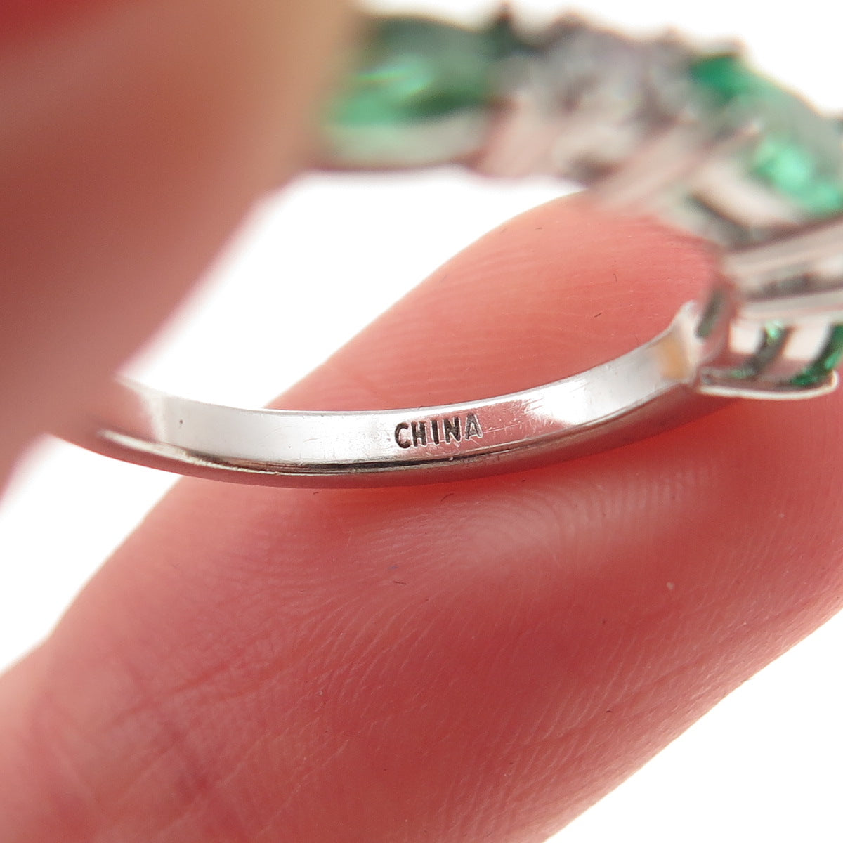 925 Sterling Silver Marquise-Cut Green & Round-Cut White C Z Ring Size 5