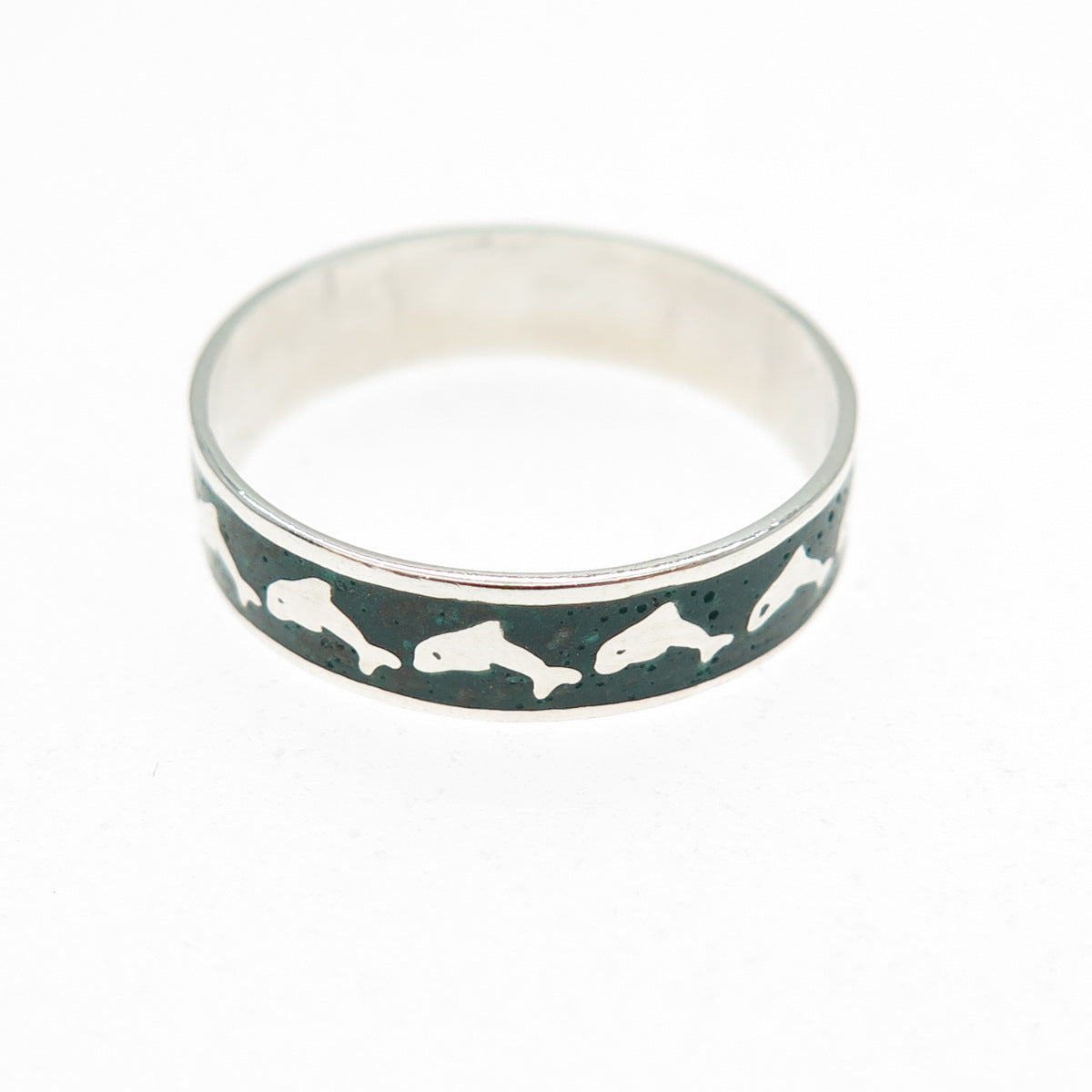 925 Sterling Silver Vintage Real Turquoise Inlay Dolphin Band Ring Size 6.75