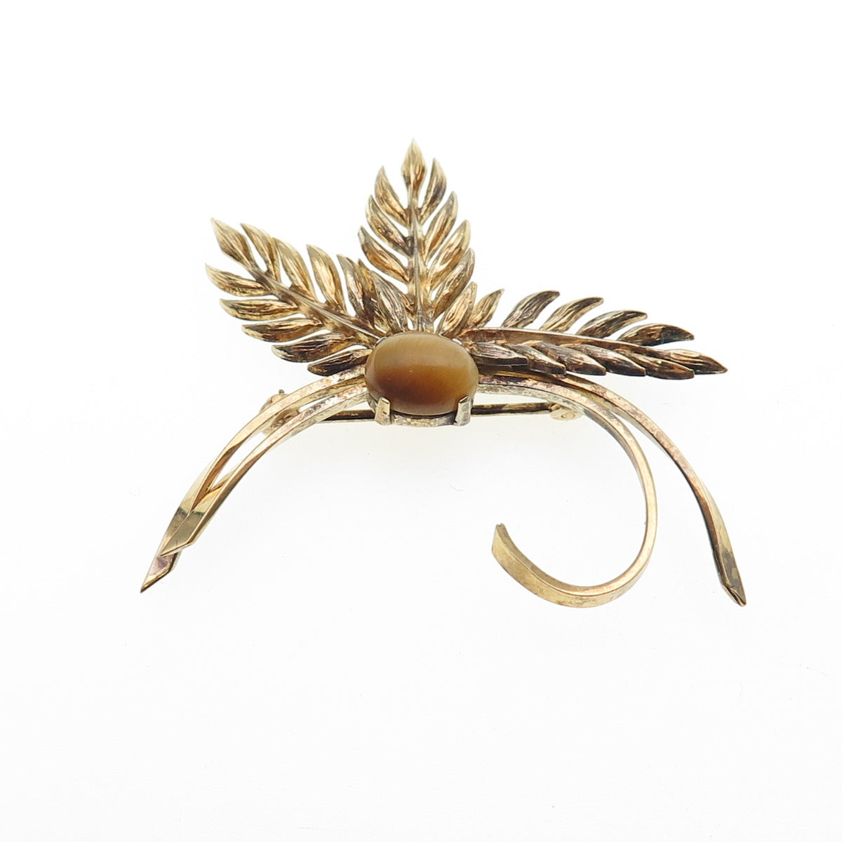WELLS 925 Sterling Silver Gold Plated Vintage Real Tiger Eye Floral Pin Brooch