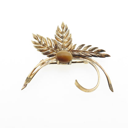WELLS 925 Sterling Silver Gold Plated Vintage Real Tiger Eye Floral Pin Brooch