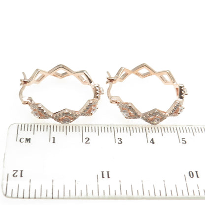 925 Sterling Silver Rose Gold Plated Pave C Z Hinged Hoop Earrings