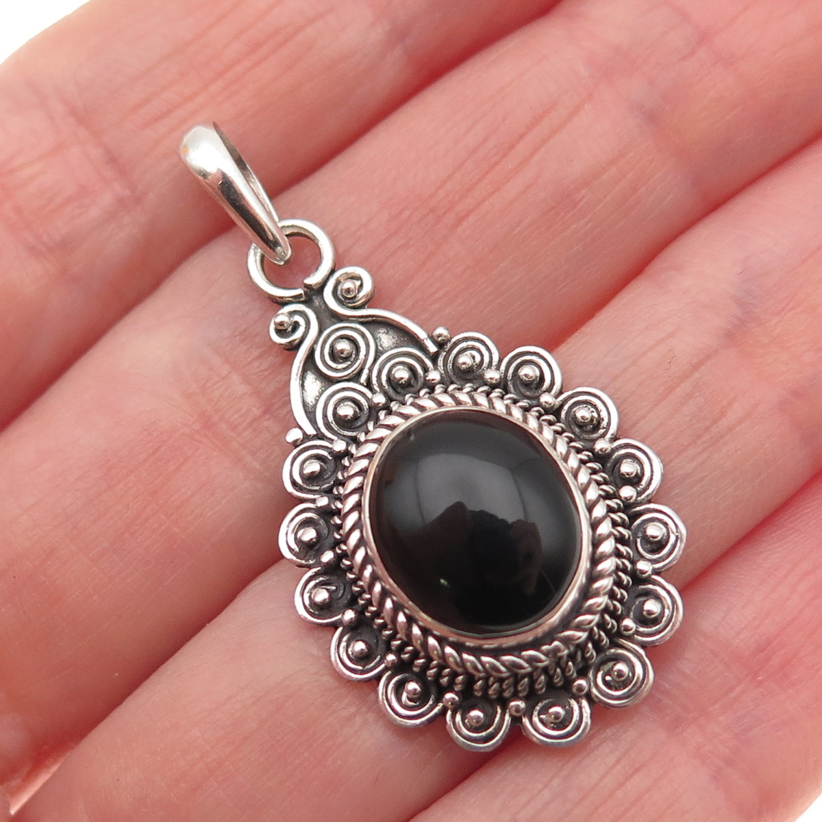 925 Sterling Silver Vintage Real Black Onyx Swirl Beaded Oxidized Charm Pendant