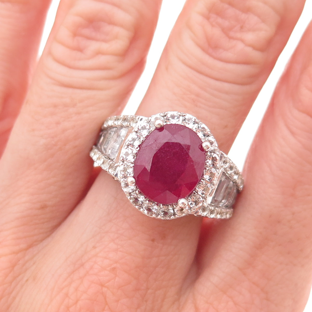 Chuck Clemency 925 Sterling Silver Real Ruby & White Topaz Ring Size 8