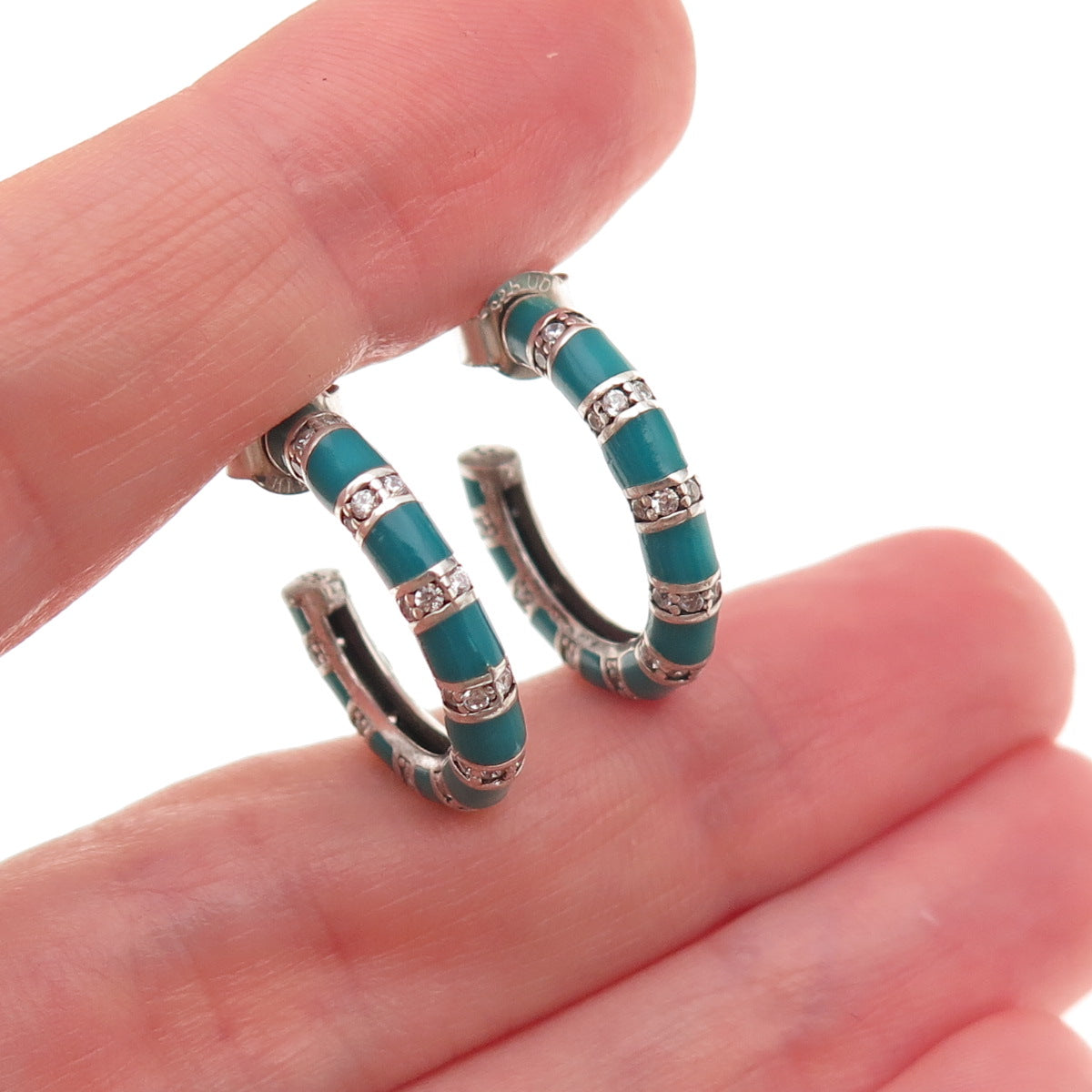 925 Sterling Silver Enamel & C Z Bamboo Hoop Earrings