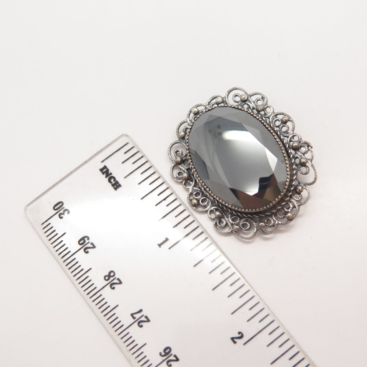 925 Sterling Silver Vintage Danecraft Real Hematite Gemstone Ornate Pin Brooch