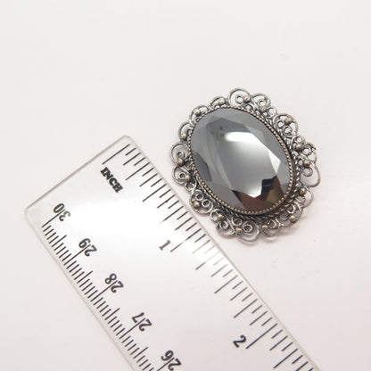 925 Sterling Silver Vintage Danecraft Real Hematite Gemstone Ornate Pin Brooch