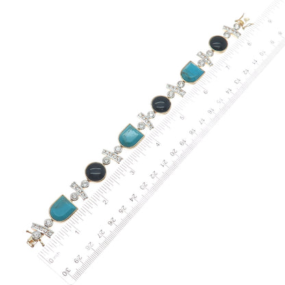 ROSS SIMONS 925 Sterling Silver 2-Tone Real Turquoise Onyx & C Z Bracelet 8"