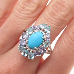 Chuck Clemency 925 Sterling Real Turquoise Aquamarine & Tanzanite Ring Size 8.25