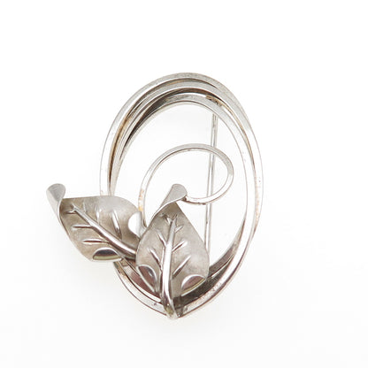 CURTIS 925 Sterling Silver Vintage Modernist Floral Leaf Oxidized Pin Brooch