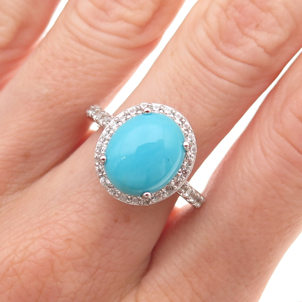 925 Sterling Silver Real Sleeping Beauty Turquoise & White Topaz Ring Size 8