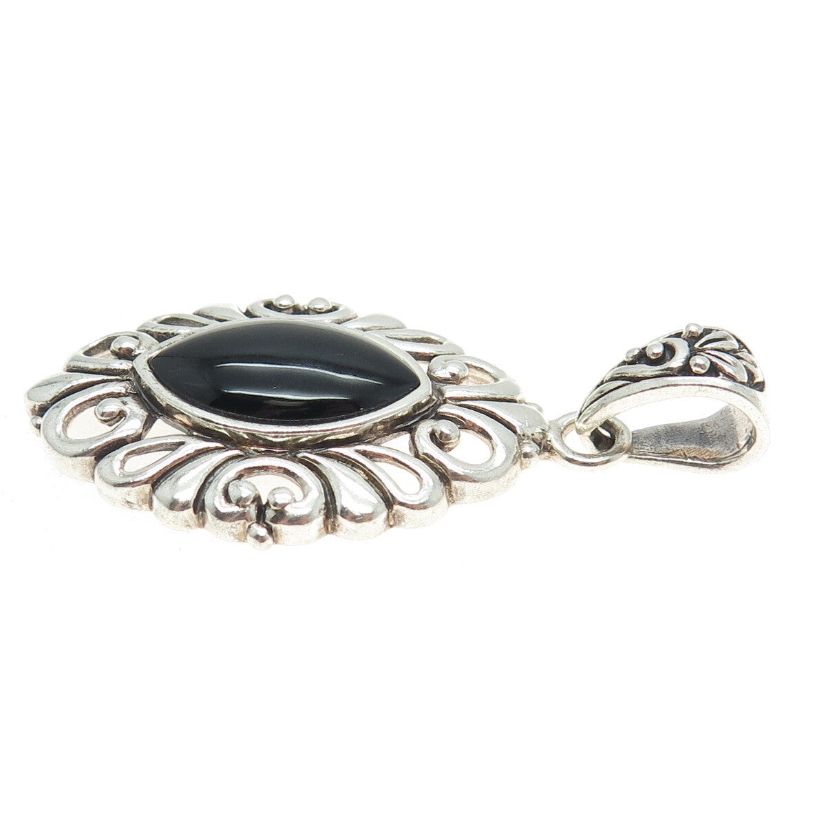 925 Sterling Silver Vintage Real Marquise-Cut Black Onyx Floral Pendant