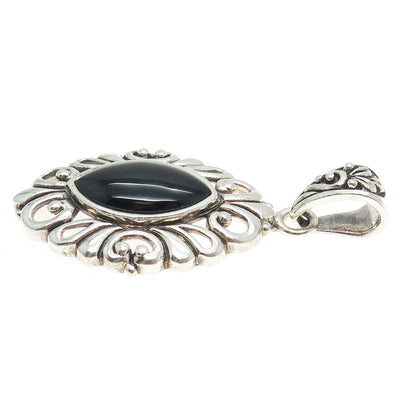 925 Sterling Silver Vintage Real Marquise-Cut Black Onyx Floral Pendant