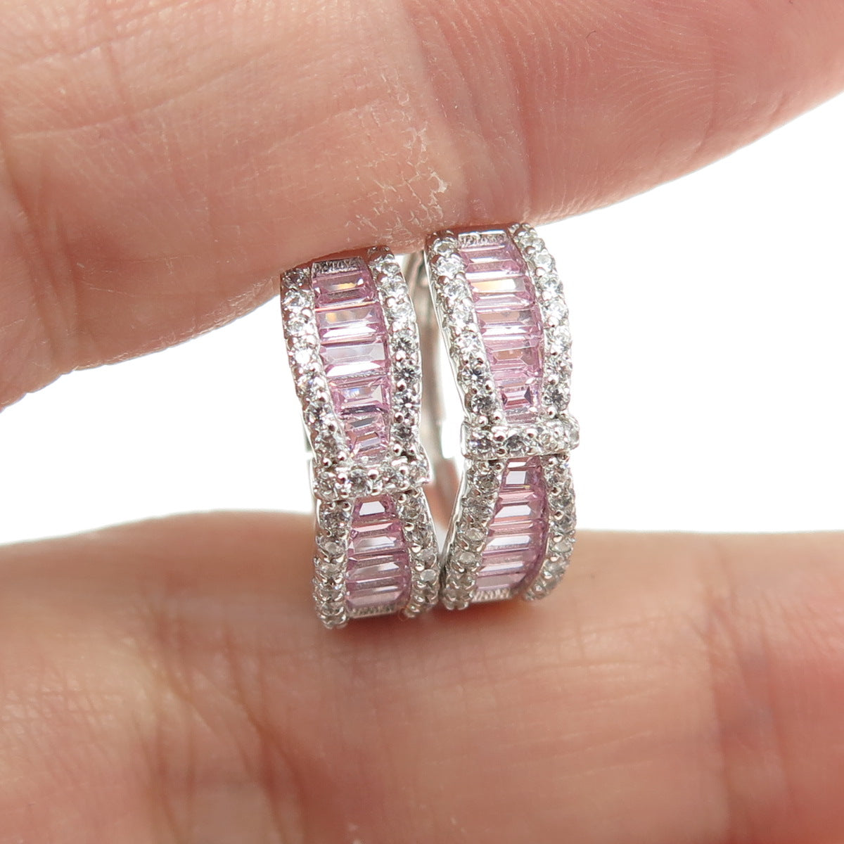 925 Sterling Silver White & Pink C Z Huggie Earrings