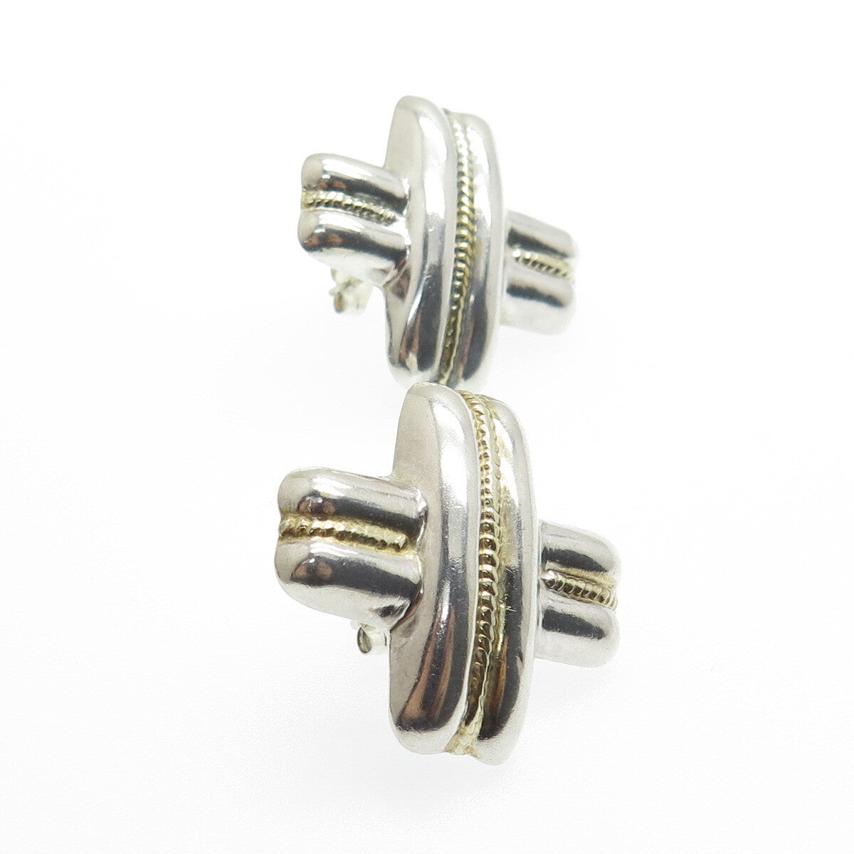 925 Sterling Silver 2-Tone Vintage "X" Modernist Earrings