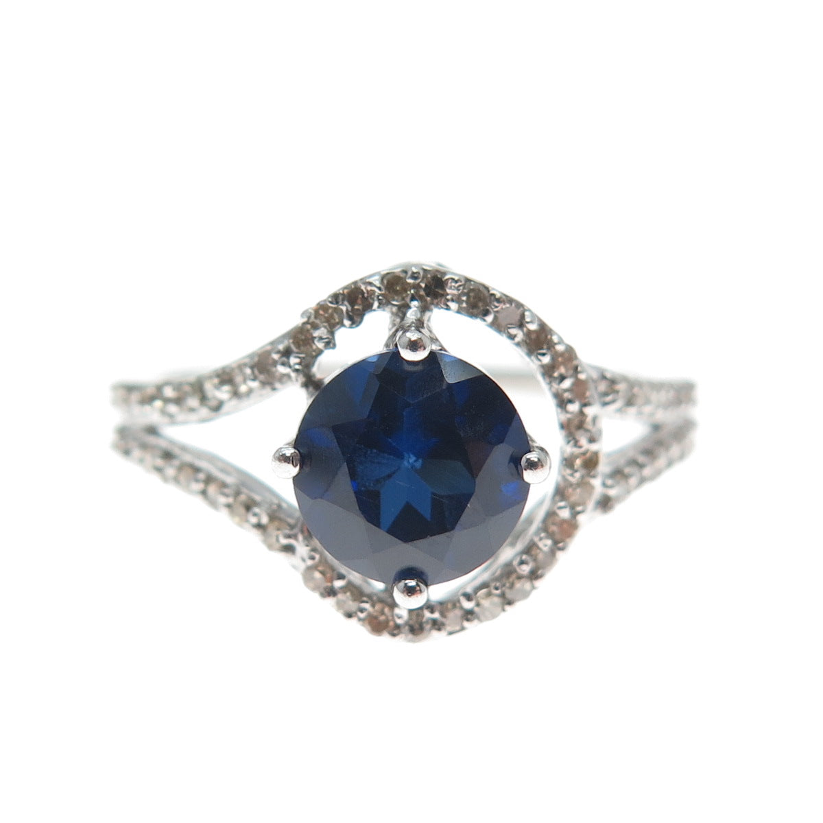 925 Sterling Silver Real Round-Cut Diamond Sapphire Hook & Eye Ring Size 7.75