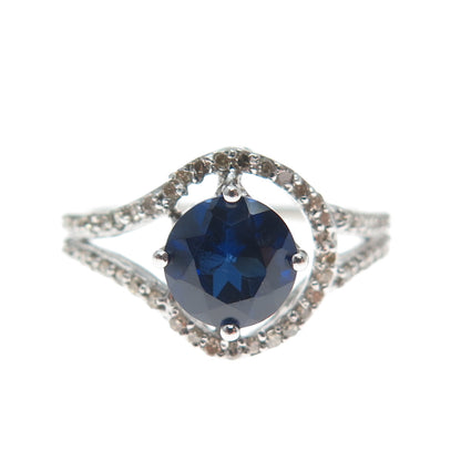 925 Sterling Silver Real Round-Cut Diamond Sapphire Hook & Eye Ring Size 7.75