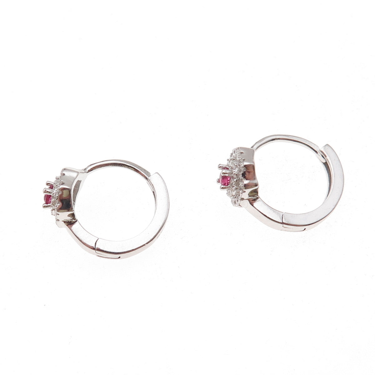 925 Sterling Silver Round-Cut Pink & White C Z Floral Hoop Earrings