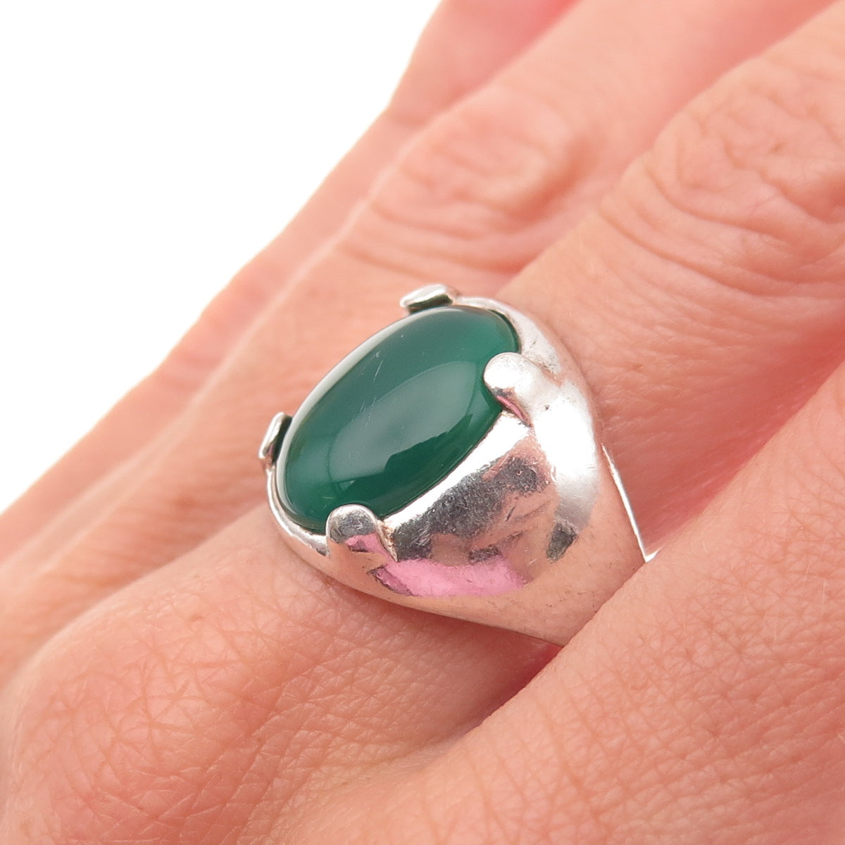 925 Sterling Silver Vintage Real Green Onyx Oxidized Ring Size 11.5