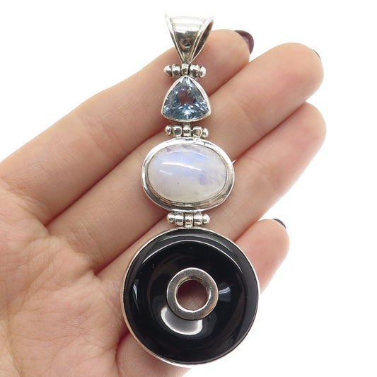 925 Sterling Silver Vintage Black Onyx Moonstone & Blue Topaz Gem Amulet Pendant