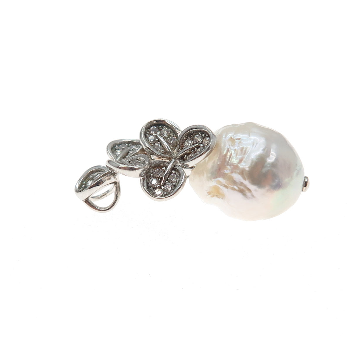 925 Sterling Silver Real Baroque Pearl & C Z Floral Charm Pendant