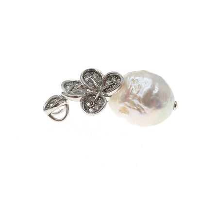 925 Sterling Silver Real Baroque Pearl & C Z Floral Charm Pendant