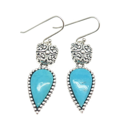 925 Sterling Silver Vintage Real Pear-Cut Turquoise Floral Ornate Earrings