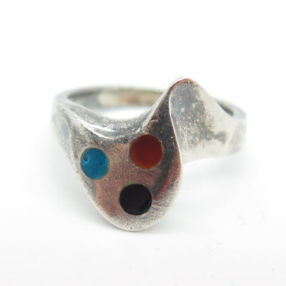 925 Sterling Silver Vintage Real Turquoise Carnelian & Black Onyx Ring Size 6