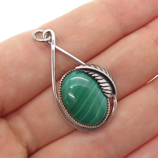 Old Pawn Sterling Silver Vintage Southwestern Malachite Feather Teardrop Pendant