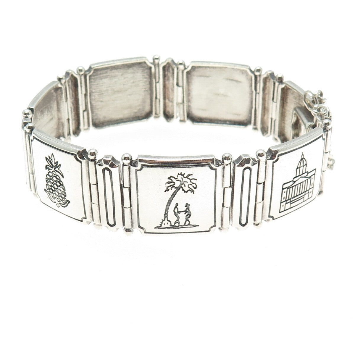 925 Sterling Silver Vintage South Carolina Landmark Panel Link Bracelet 8"