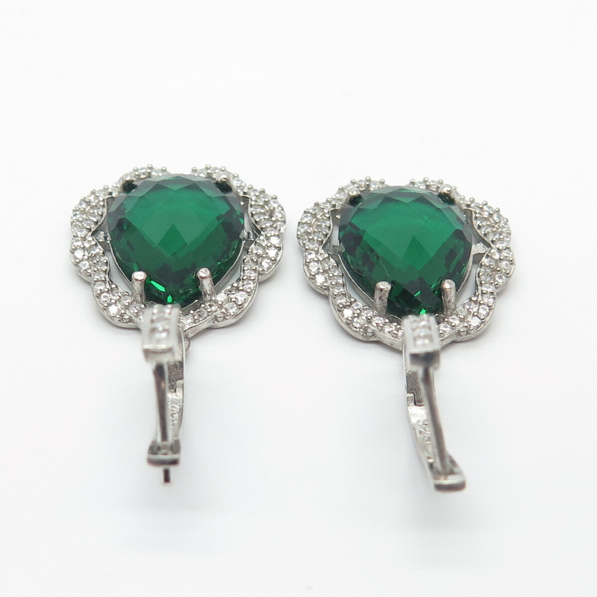 925 Sterling Silver White & Green C Z Dangling Earrings