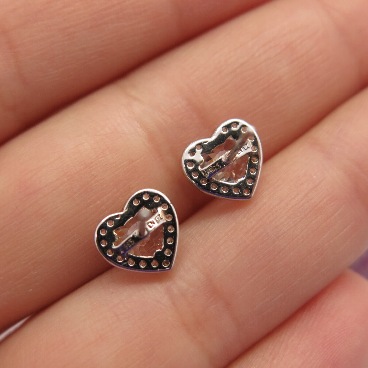 925 Sterling Silver Round-Cut C Z Heart Stud Earrings