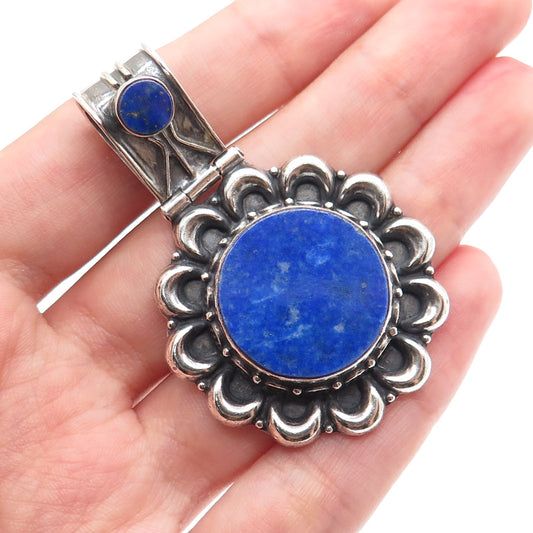 925 Sterling Silver Vintage Real Lapis Flower Modernist Oxidized Pendant