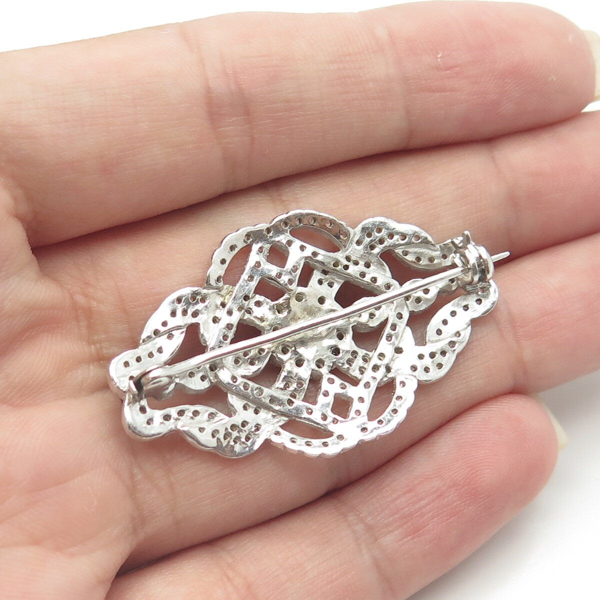 925 Sterling Silver White C Z Floral Vines Pin Brooch