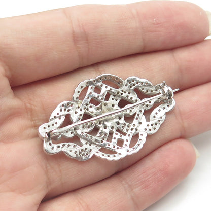 925 Sterling Silver White C Z Floral Vines Pin Brooch