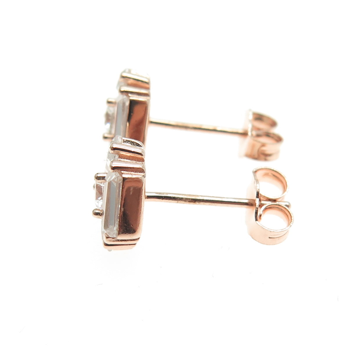 925 Sterling Silver Rose Gold Plated Baguette & Round-Cut C Z Stud Earrings